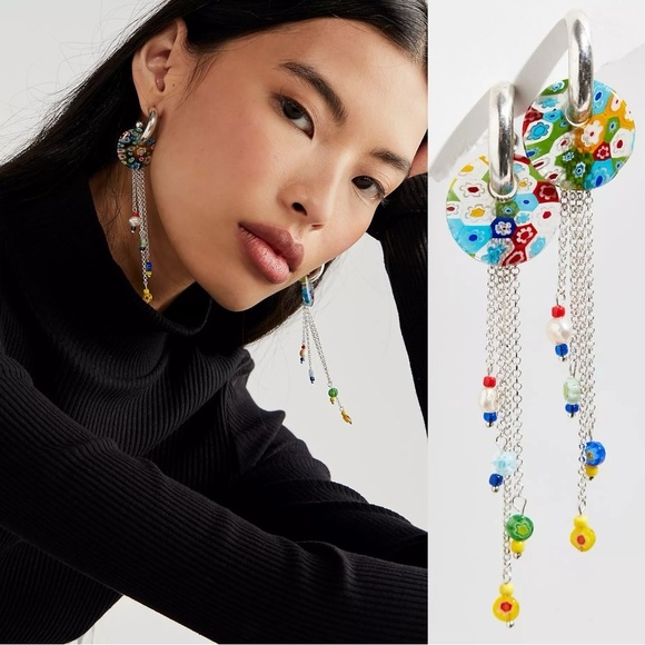 Free People Villa Hoop Earrings in Silver Multi NWT  Glass Beads Dangle Bohemian - Picture 1 of 13